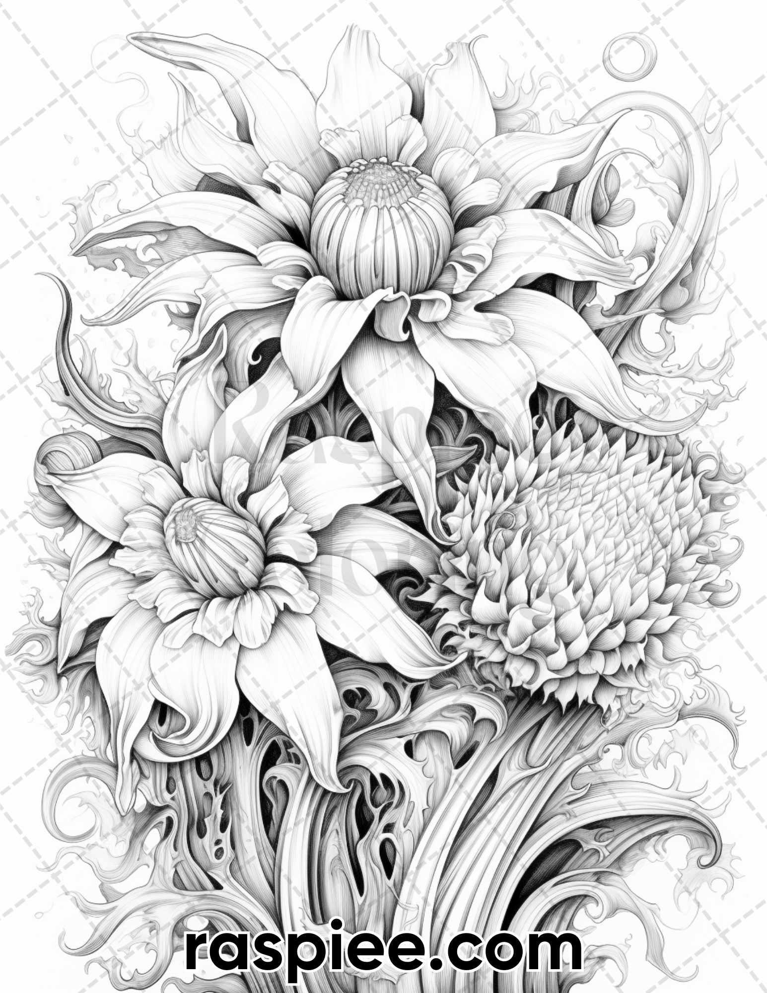 55 Fantasy Flowers Grayscale Coloring Pages for Adults, Printable PDF File Instant Download