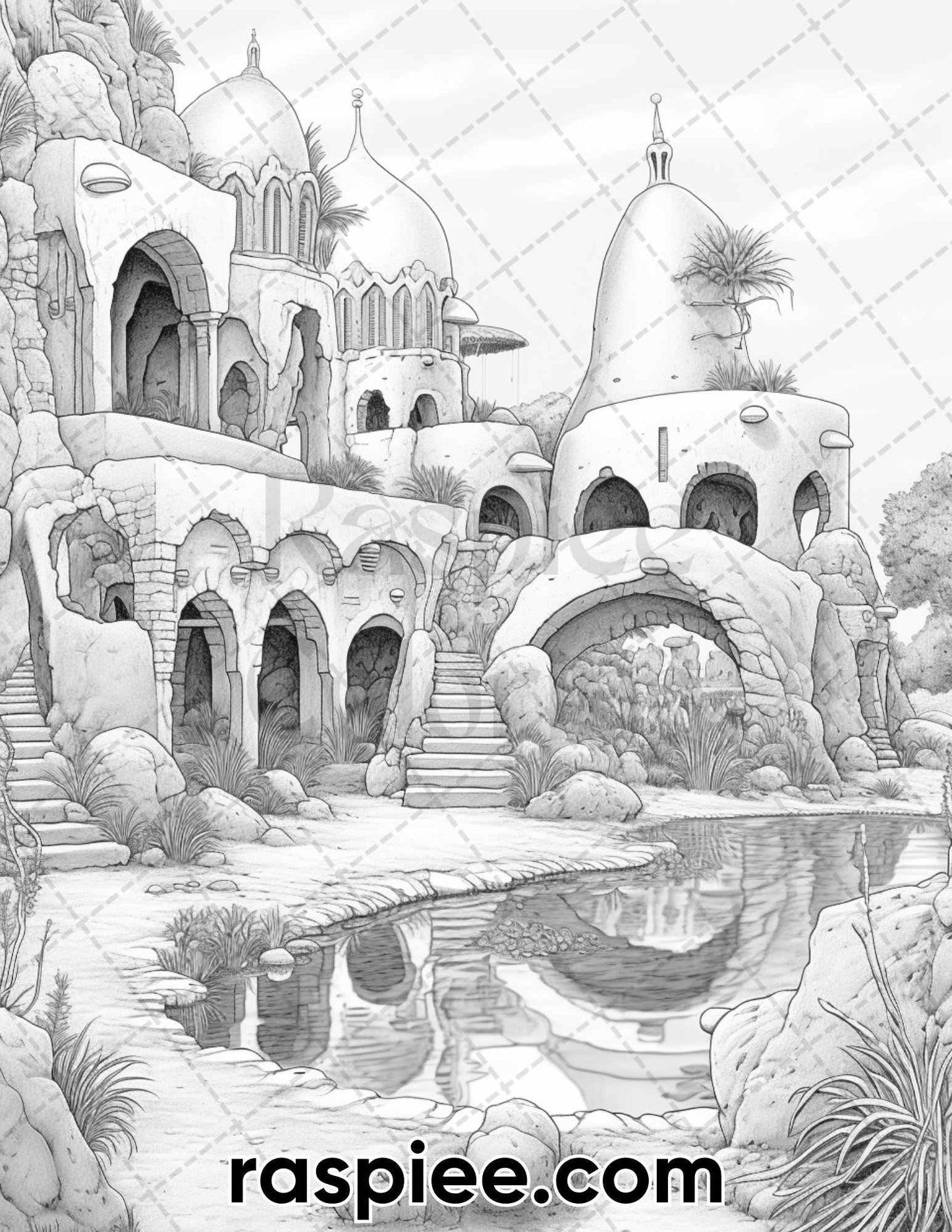 55 Desert Oasis Fairy Homes Grayscale Coloring Pages for Adults, Printable PDF Instant Download