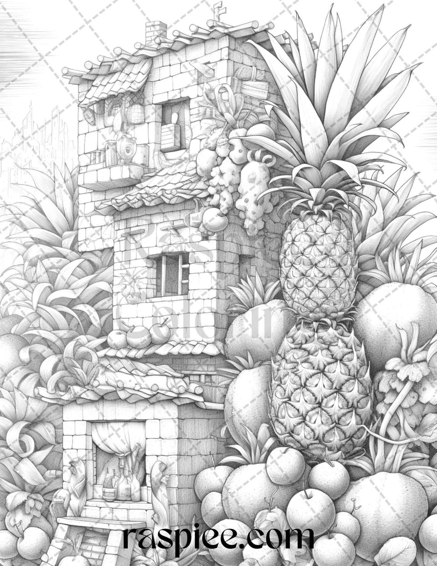 50 Pineapple Houses Grayscale Coloring Pages Printable for Adults, PDF File Instant Download