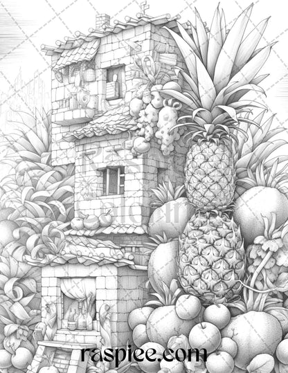 50 Pineapple Houses Grayscale Coloring Pages Printable for Adults, PDF File Instant Download