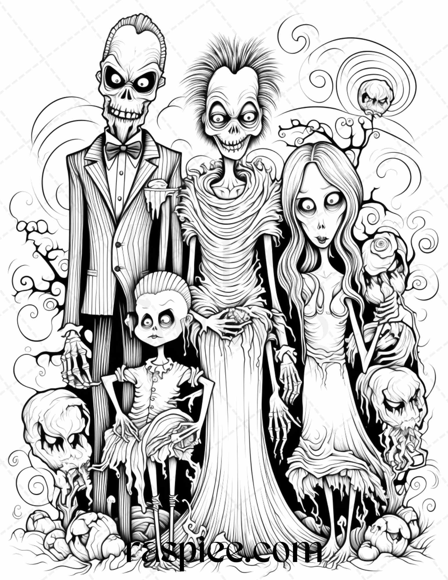 50 Monster Family Grayscale Coloring Pages Printable for Adults - Instant Download, Halloween Coloring Book, Fun and Spooky Designs