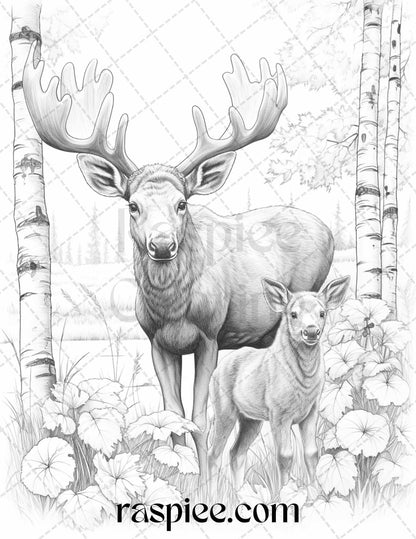 Autumn Animals Grayscale Coloring Pages for Adults and Kids, Printable PDF File Instant Download