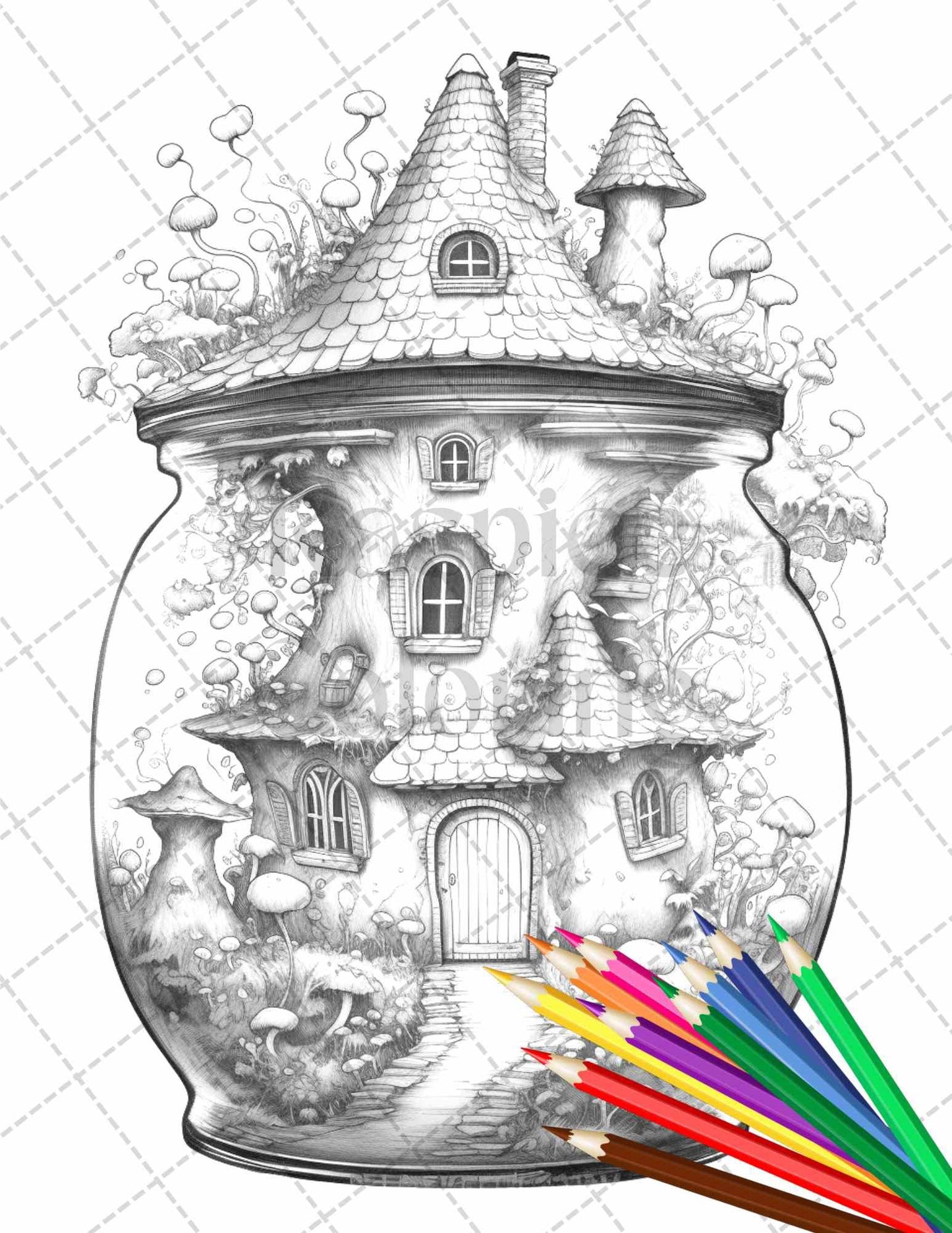 Fairy House in Jar Grayscale Coloring Pages Printable for Adults, PDF File Instant Download