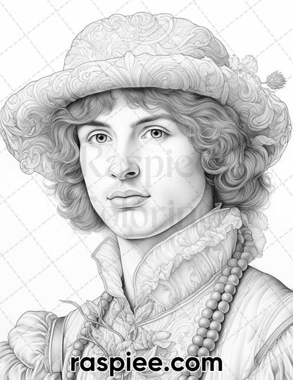 55 Renaissance Portraits Grayscale Adult Coloring Pages, Printable PDF Instant Download