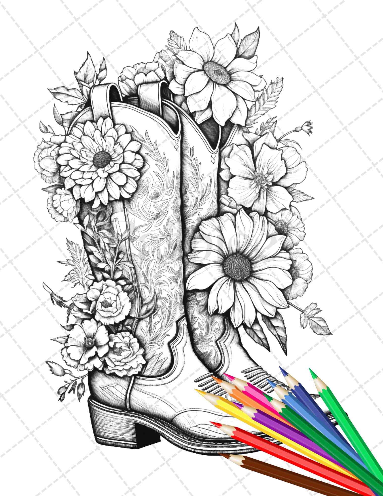 32 Flower Boots Coloring Pages Printable for Adults, Floral Grayscale Coloring Page, PDF File Instant Download