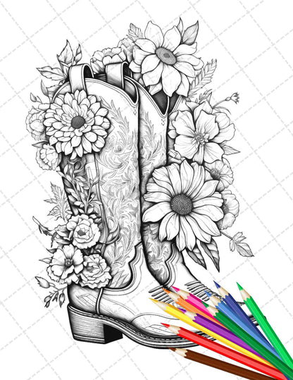 32 Flower Boots Coloring Pages Printable for Adults, Floral Grayscale Coloring Page, PDF File Instant Download