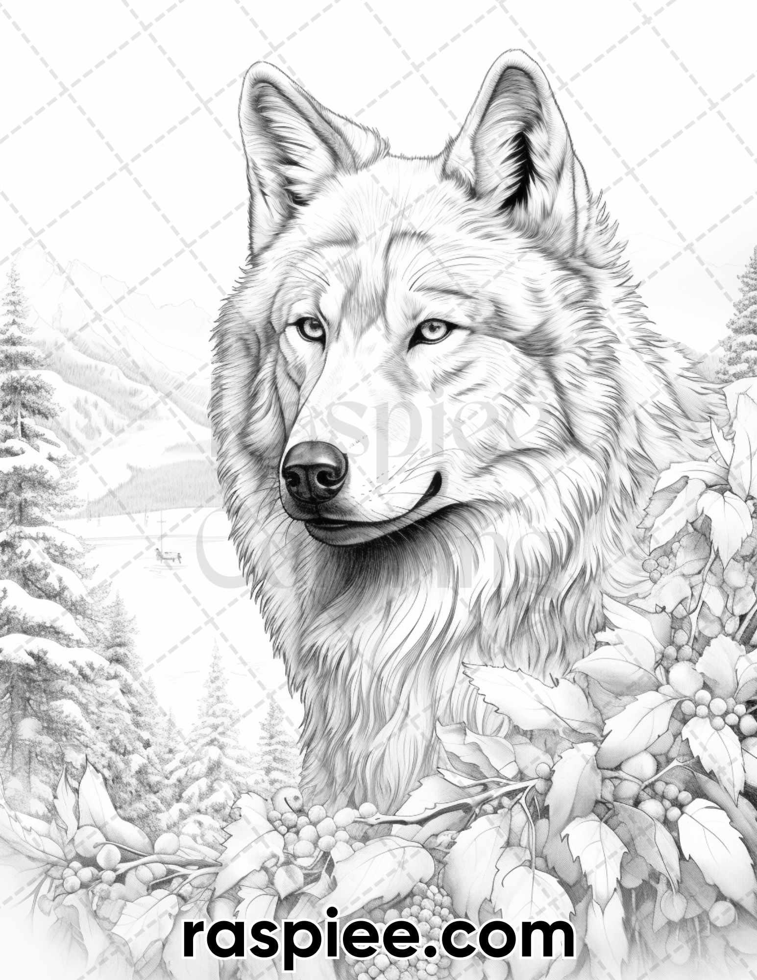 50 Winter Wolf Grayscale Coloring Pages for Adults, Printable PDF Instant Download