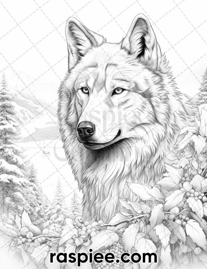50 Winter Wolf Grayscale Coloring Pages for Adults, Printable PDF Instant Download