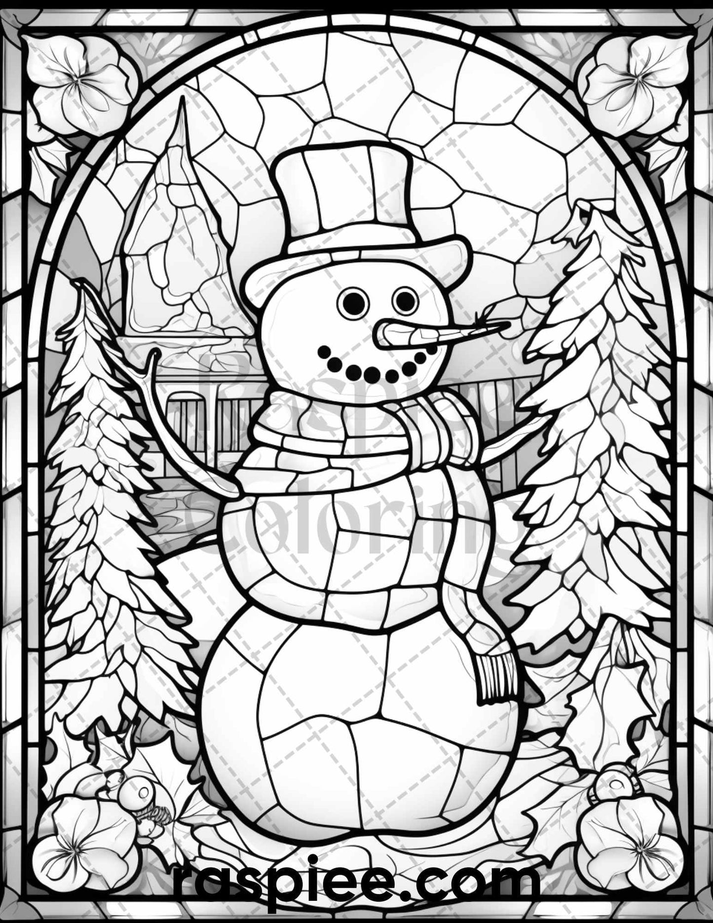 50 Christmas Stained Glass Grayscale Coloring Pages for Adults, Printable PDF File Instant Download
