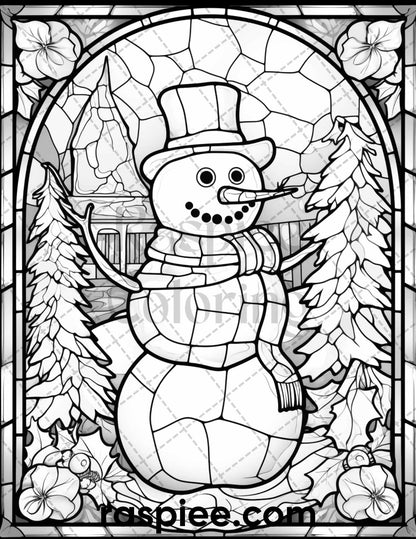 50 Christmas Stained Glass Grayscale Coloring Pages for Adults, Printable PDF File Instant Download
