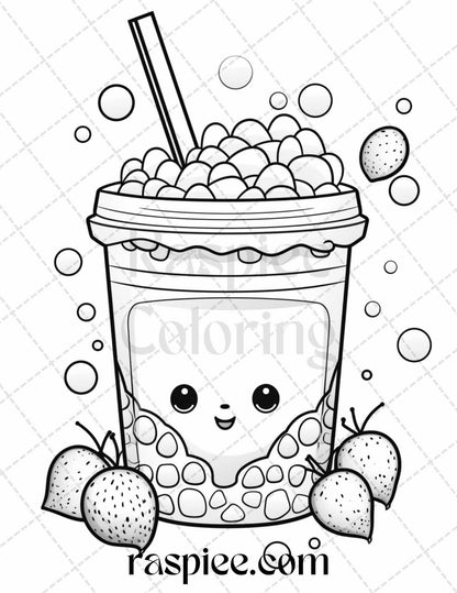 50 Cute Kawaii Boba Tea Grayscale Coloring Pages for Adults and Kids, Printable PDF File Instant Download