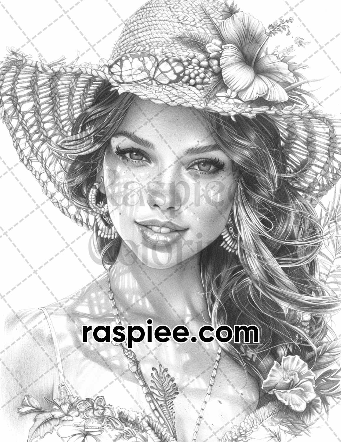 70 Beautiful Tropical Girls Grayscale Adult Coloring Pages Printable PDF Instant Download