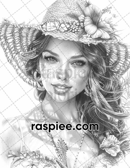 70 Beautiful Tropical Girls Grayscale Adult Coloring Pages Printable PDF Instant Download
