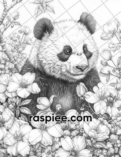 77 Baby Animals with Flowers Grayscale Adult Coloring Pages Printable PDF Instant Download