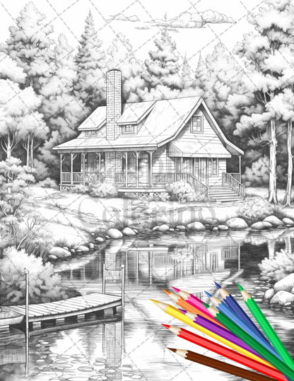 Lake Cabin Scenery Grayscale Coloring Pages Printable for Adults, PDF File Instant Download
