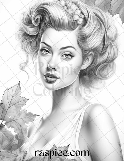 55 Autumn Pin Up Girls Grayscale Coloring Pages Printable for Adults, PDF File Instant Download