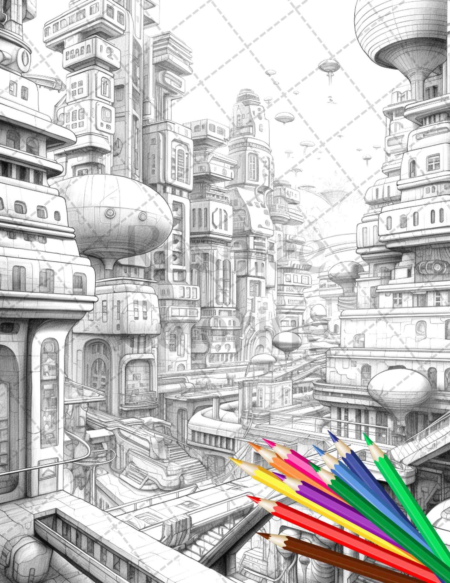 50 Futuristic Metropolis Grayscale Coloring Pages Printable for Adults, PDF File Instant Download