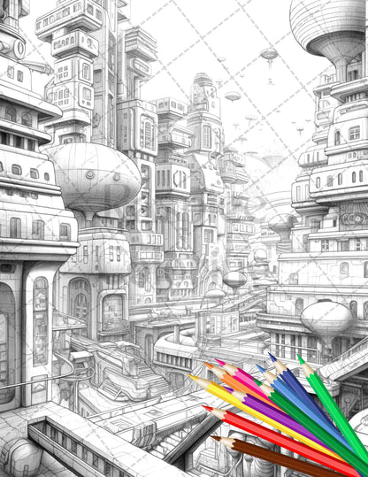 50 Futuristic Metropolis Grayscale Coloring Pages Printable for Adults, PDF File Instant Download