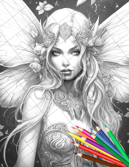 Beautiful Dark Fairy Grayscale Coloring Pages Printable for Adults, PDF File Instant Download