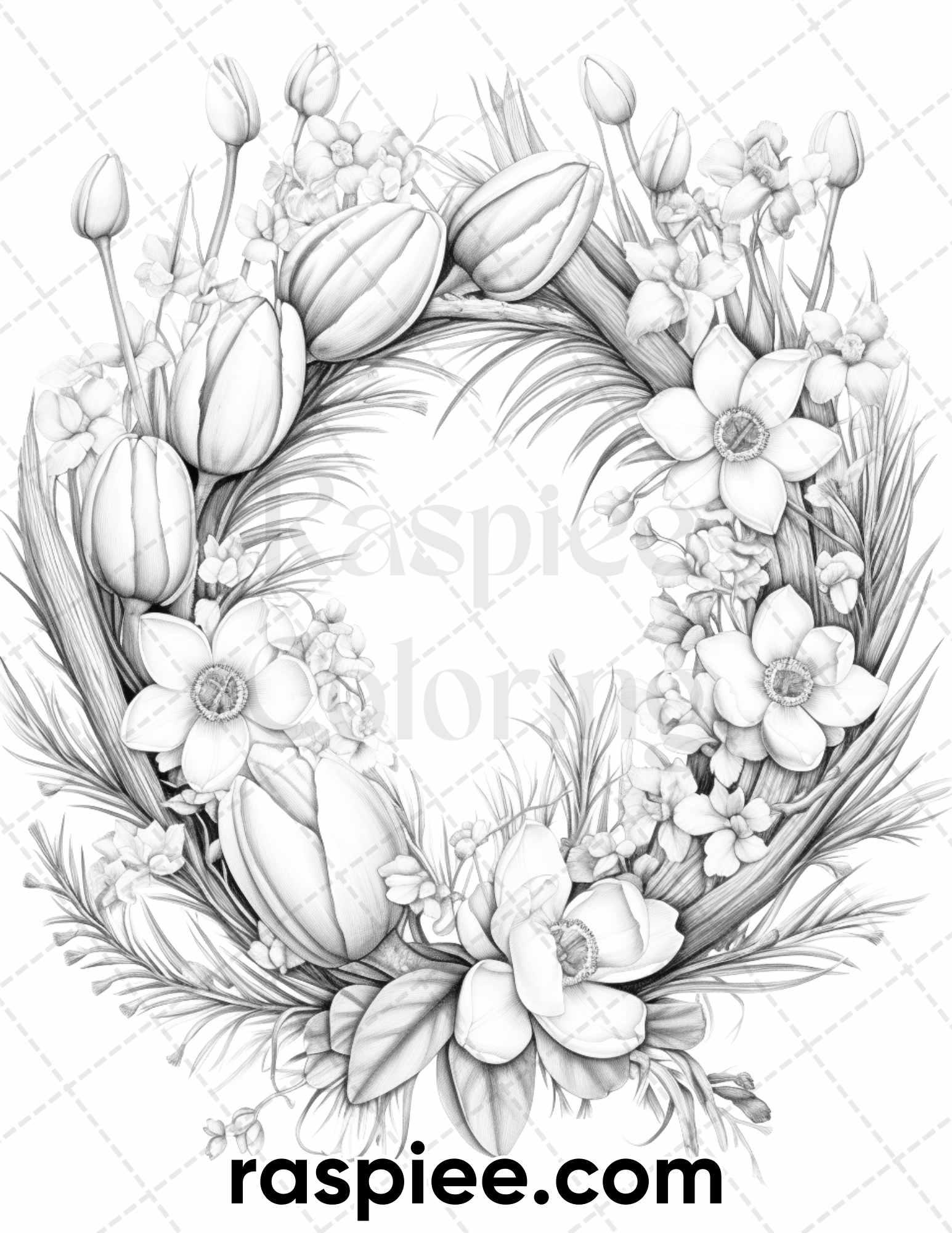 65 Spring Floral Wreaths Grayscale Adult Coloring Pages, Printable PDF Instant Download