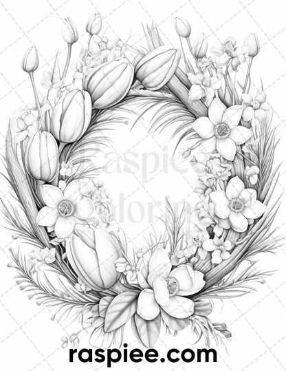 65 Spring Floral Wreaths Grayscale Adult Coloring Pages, Printable PDF Instant Download