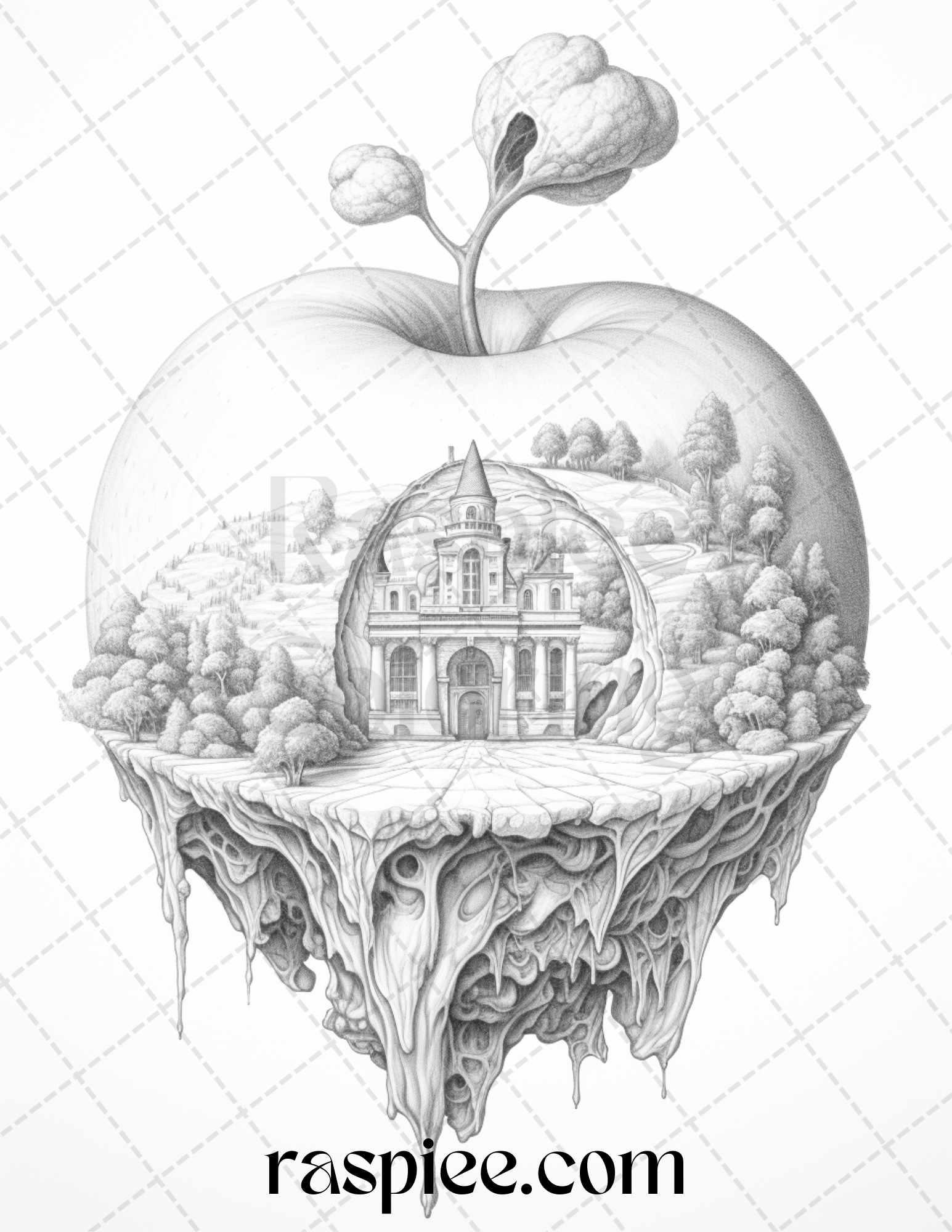 60 Miniworld in the Apple Grayscale Coloring Pages Printable for Adults, PDF File Instant Download