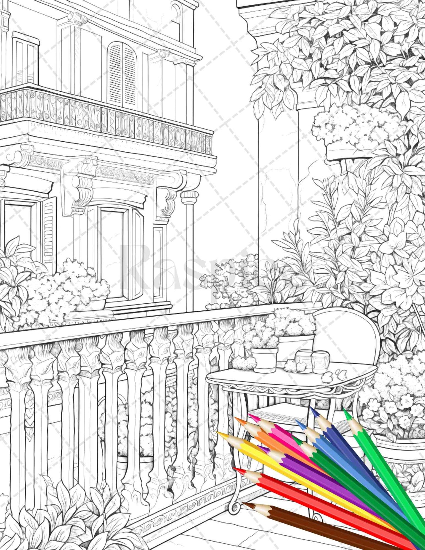 Charming Balcony Garden Grayscale Coloring Pages Printable for Adults, PDF File Instant Download