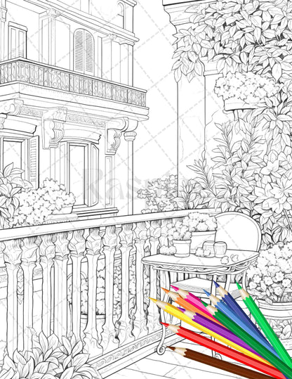 Charming Balcony Garden Grayscale Coloring Pages Printable for Adults, PDF File Instant Download