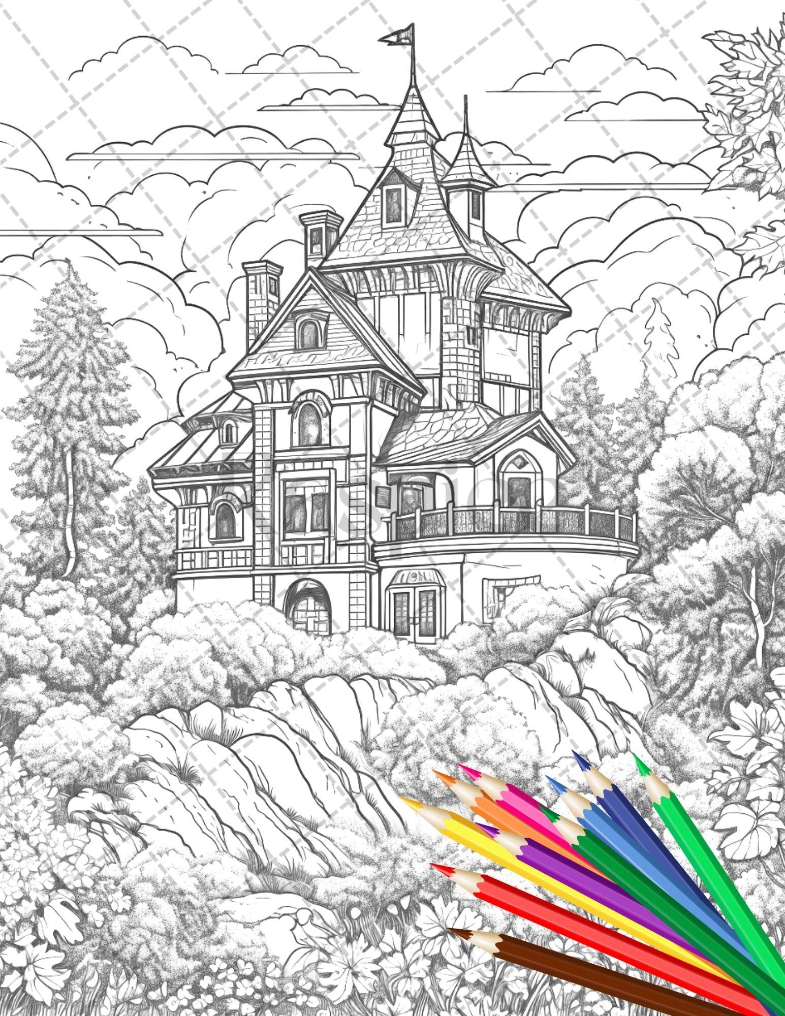 122 Fantasy Castles Coloring Book for Adults, Grayscale Coloring Page, Printable PDF Instant Download