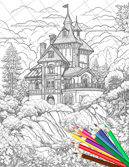 122 Fantasy Castles Coloring Book for Adults, Grayscale Coloring Page, Printable PDF Instant Download