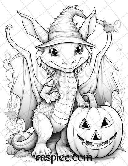 50 Cute Pumpkin Dragons Graycale Coloring Pages for Adults and Kids, Printable PDF File Instant Download