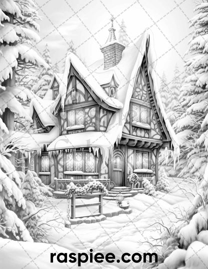 60 Merry Christmas Grayscale Coloring Pages Printable for Adult, Holiday Relaxation Art, PDF File Instant Download