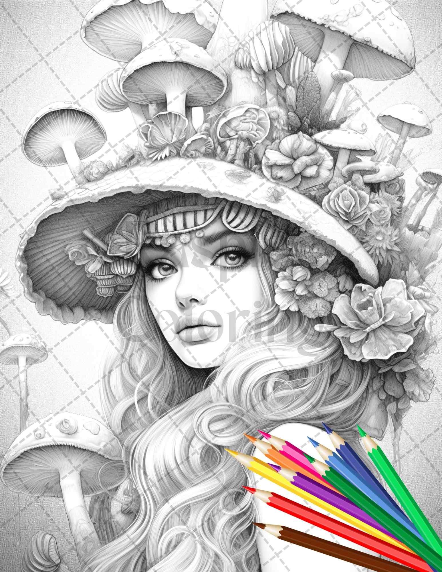50 Mushroom Fairy Grayscale Coloring Pages Printable for Adults, PDF File Instant Download