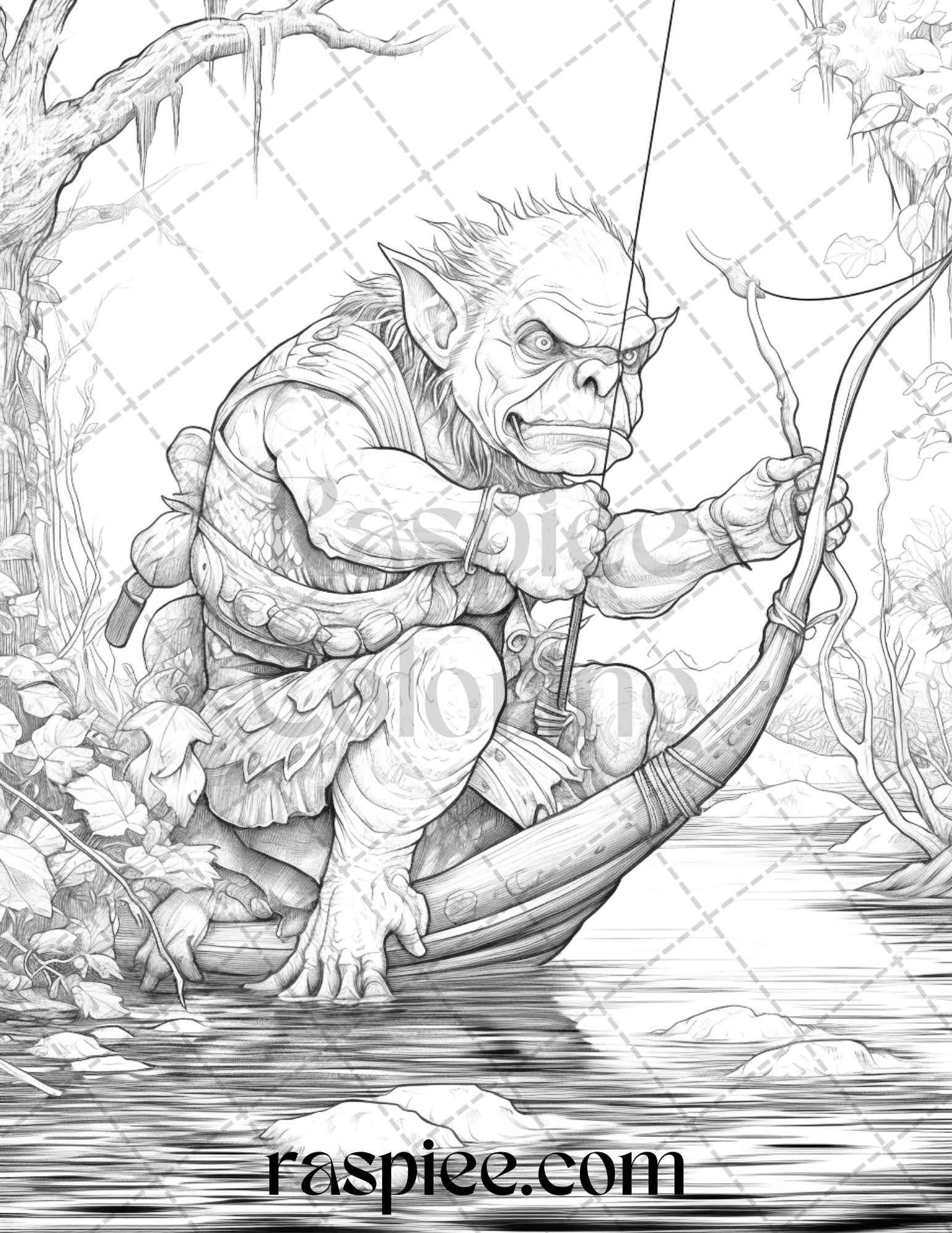 Fantasy Goblins Grayscale Coloring Pages Printable for Adults, PDF File Instant Download