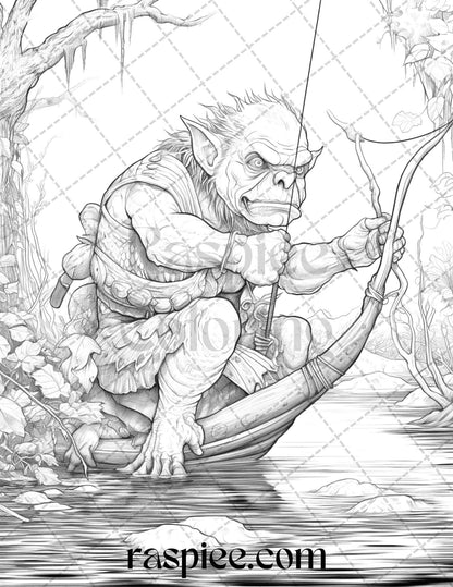 Fantasy Goblins Grayscale Coloring Pages Printable for Adults, PDF File Instant Download