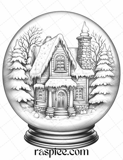 Cozy Cabin in Snow Globe Grayscale Coloring Pages Printable for Adults, PDF File Instant Download