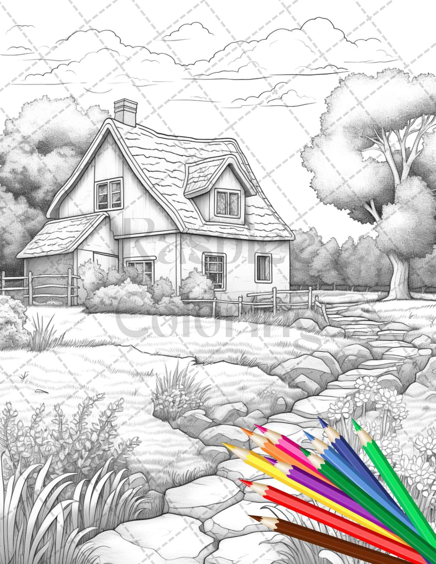 Charming Farmhouse Scenery Grayscale Coloring Pages Printable for Adults, PDF File Instant Download