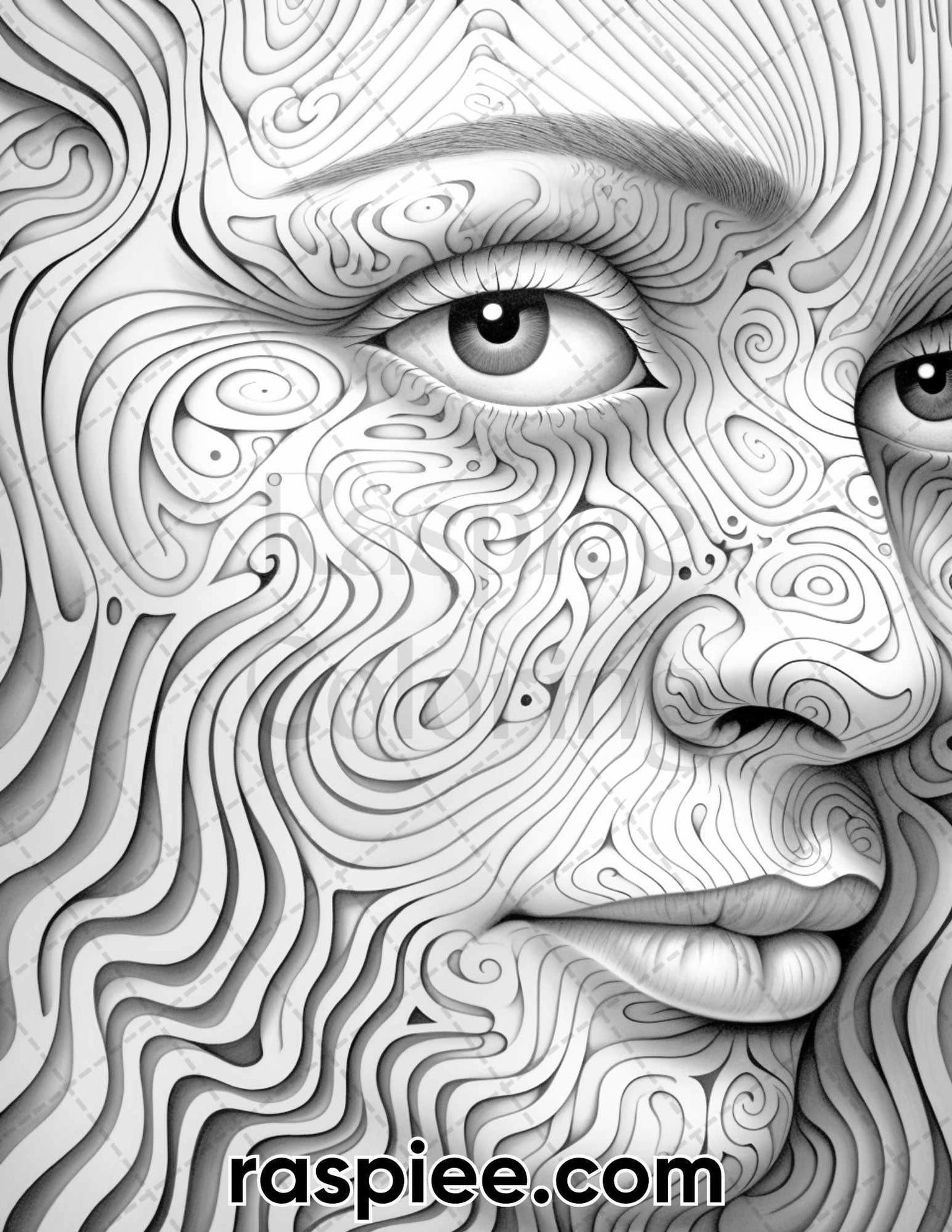 60 Abstract Faces Grayscale Adult Coloring Pages, Printable PDF Instant Download
