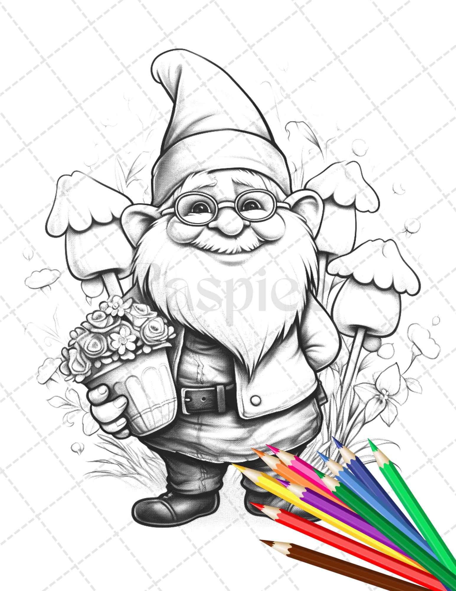 33 Gnome Love Coloring Pages Printable for Adults, Grayscale Coloring Page, PDF File Instant Download