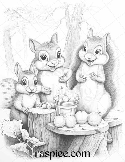 52 Adorable Squirrels Grayscale Coloring Pages Printable for Adults Kids, PDF File Instant Download