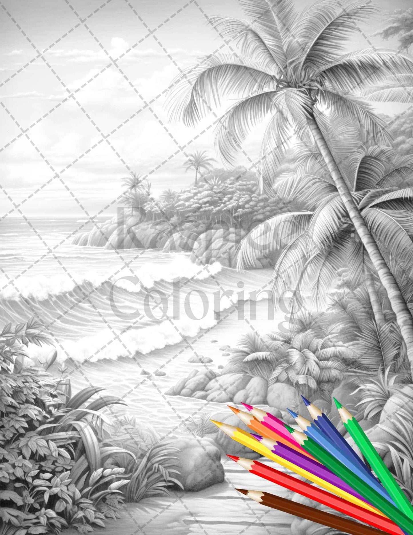 Beautiful Tropical Beach Grayscale Coloring Pages Printable for Adults, PDF File Instant Download