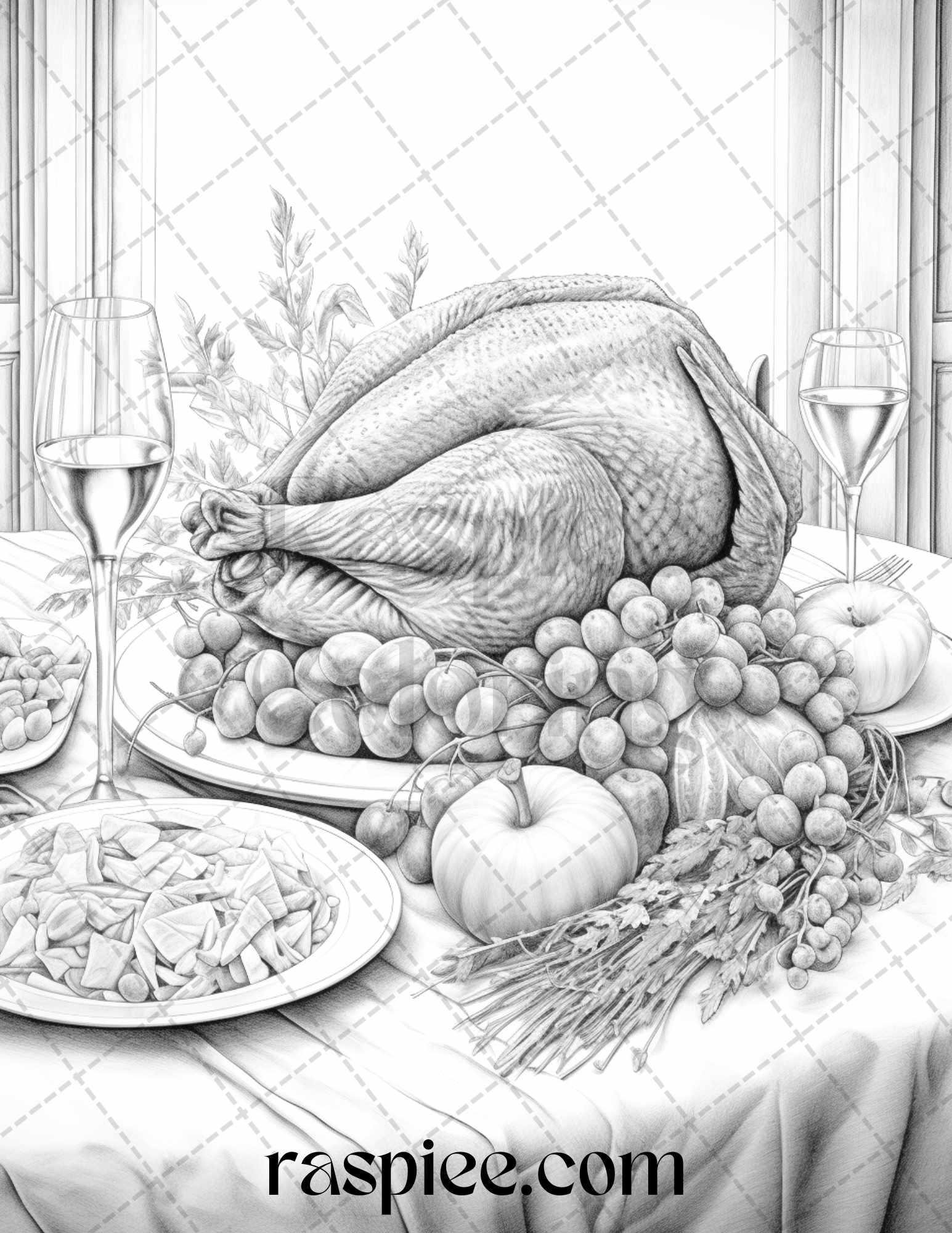 Thanksgiving Dinner Grayscale Coloring Pages for Adults, Relaxing Fall Coloring Sheets, Printable PDF File Instant Download