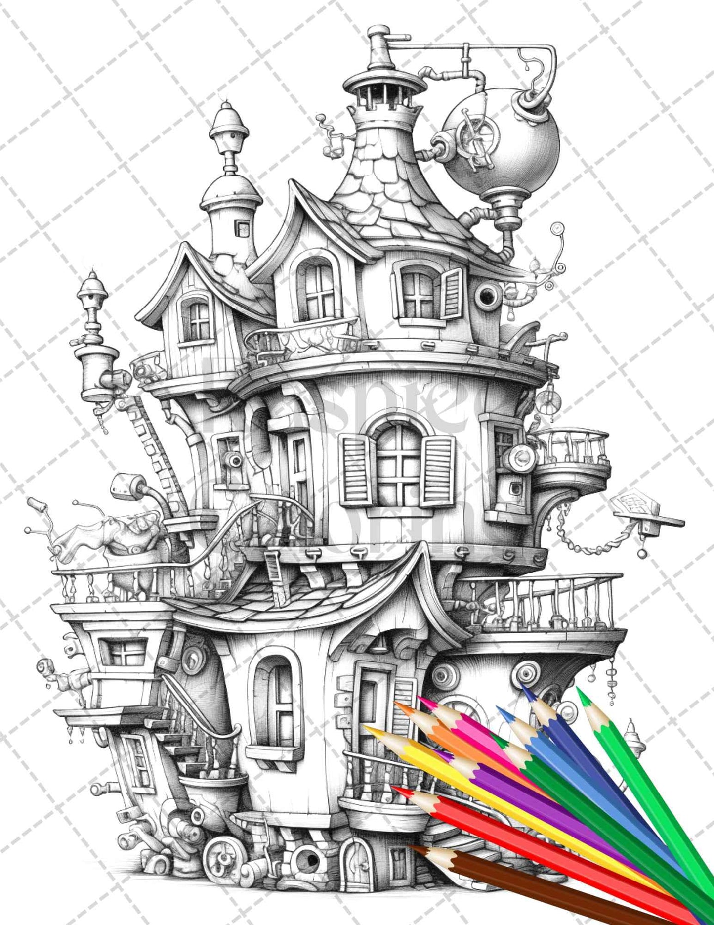50 Steampunk Houses Grayscale Coloring Pages Printable for Adults, PDF File Instant Download