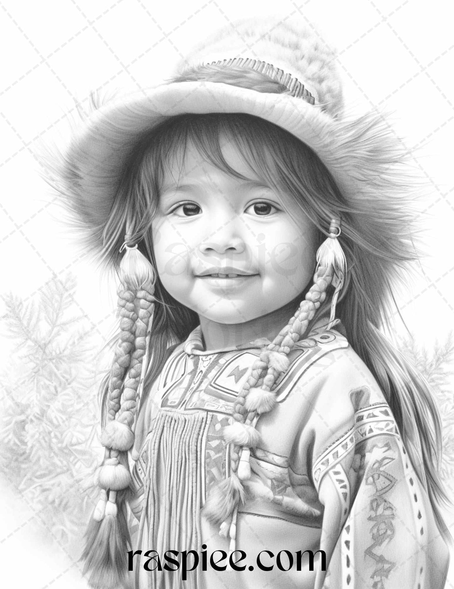50 Native American Little Girls Boys Grayscale Coloring Pages Printable for Adults Kids, PDF File Instant Download
