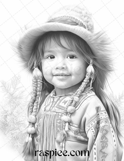 50 Native American Little Girls Boys Grayscale Coloring Pages Printable for Adults Kids, PDF File Instant Download