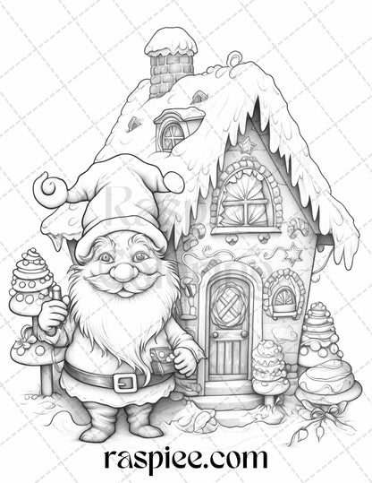 60 Christmas Gnomes Grayscale Coloring Pages Printable for Adults and Kids, PDF File Instant Download
