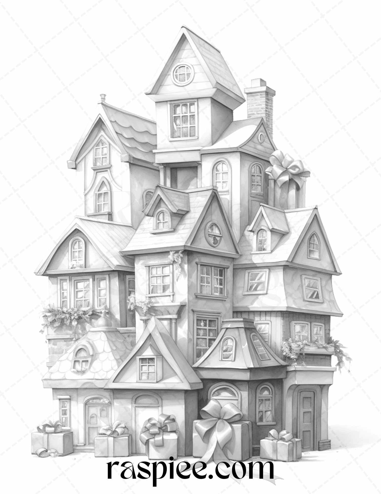 40 Adorable Gift Box Houses Grayscale Coloring Pages Printable for Adults Kids, PDF File Instant Download
