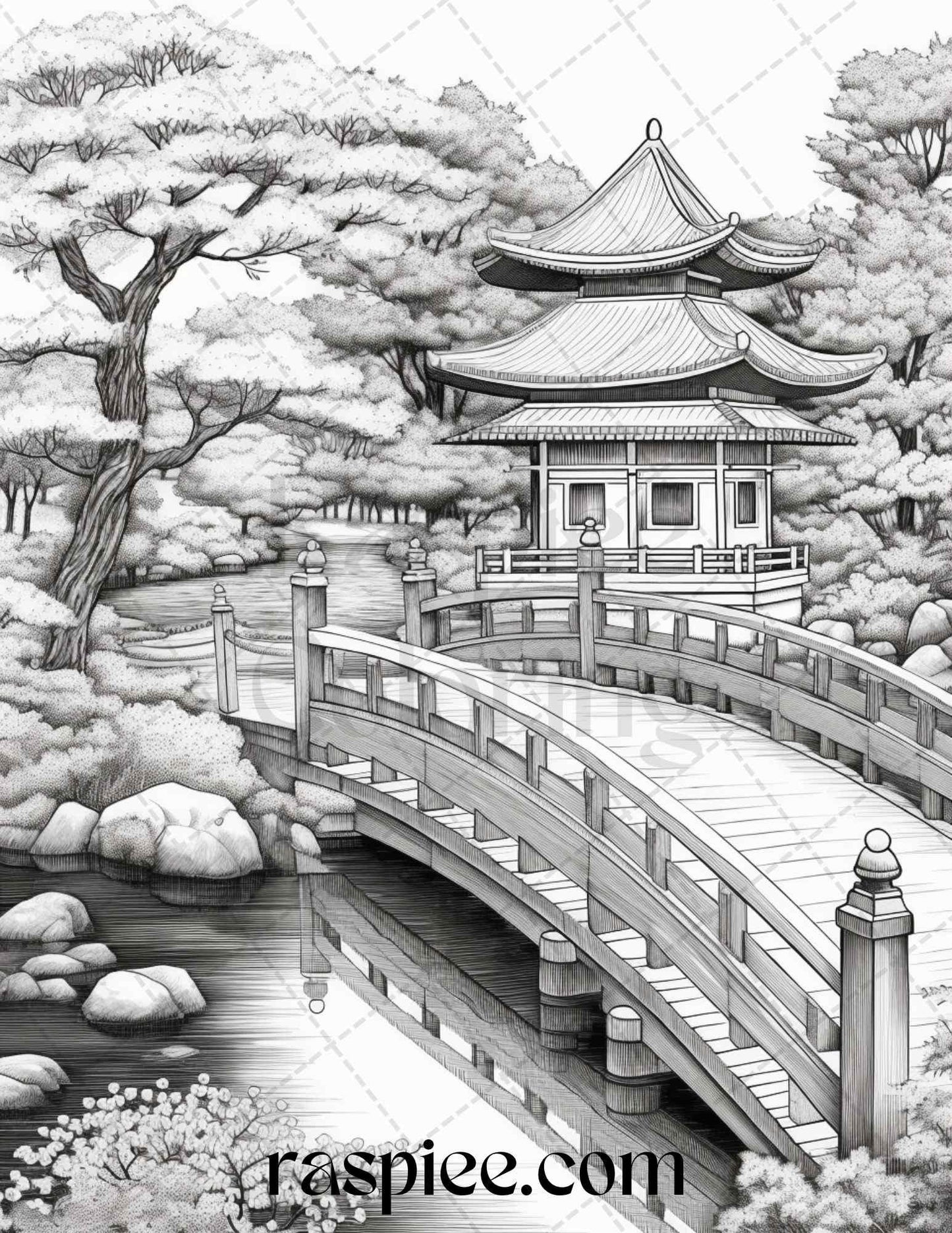 Japanese Garden Grayscale Coloring Pages Printable for Adults, PDF File Instant Download