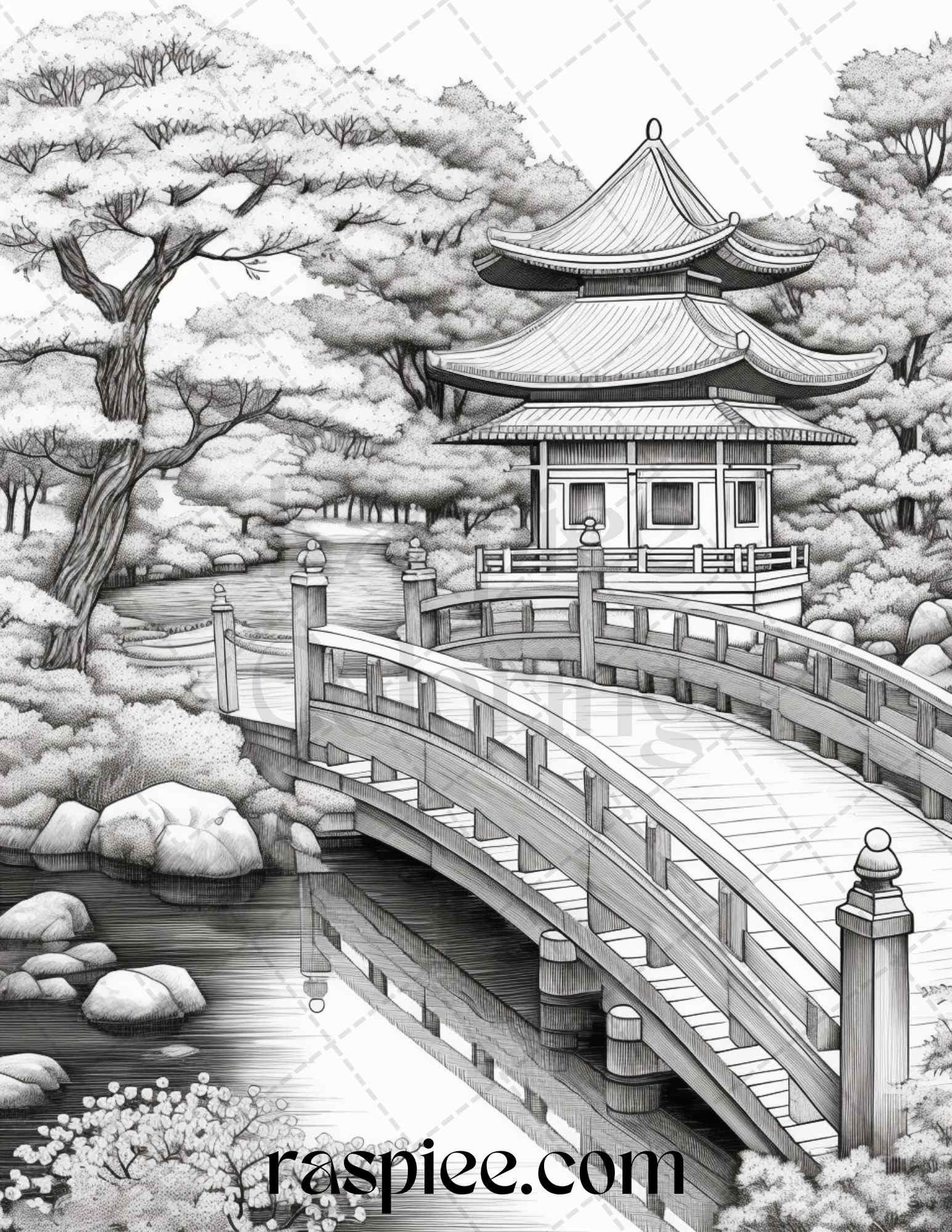 Japanese Garden Grayscale Coloring Pages Printable for Adults, PDF File Instant Download