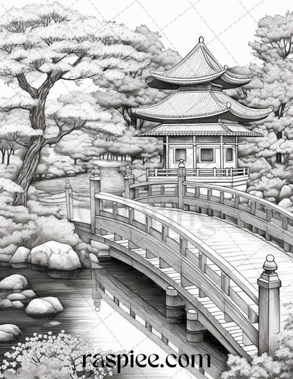 Japanese Garden Grayscale Coloring Pages Printable for Adults, PDF File Instant Download